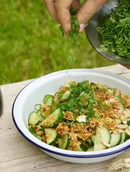 Gurkensalat mit Nüssen, Chili und Sojasauce
