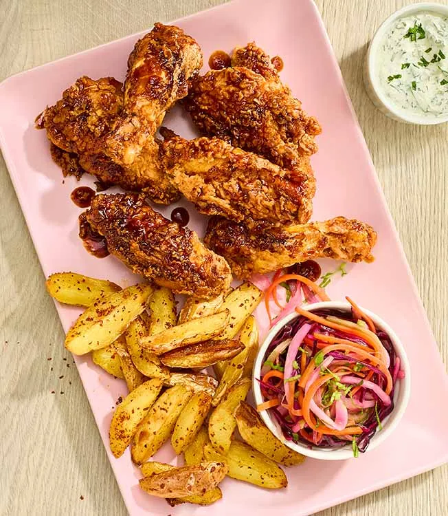 Teriyaki-Wings mit Krautsalat und würzigen Kartoffeln